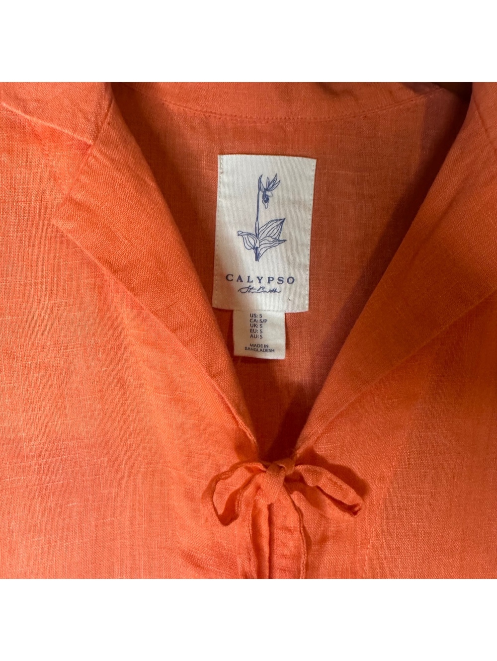 Calypso St. Barth Orange 100% Linen Tie Front Shirt Women’s Size Small - Picture 4 of 8